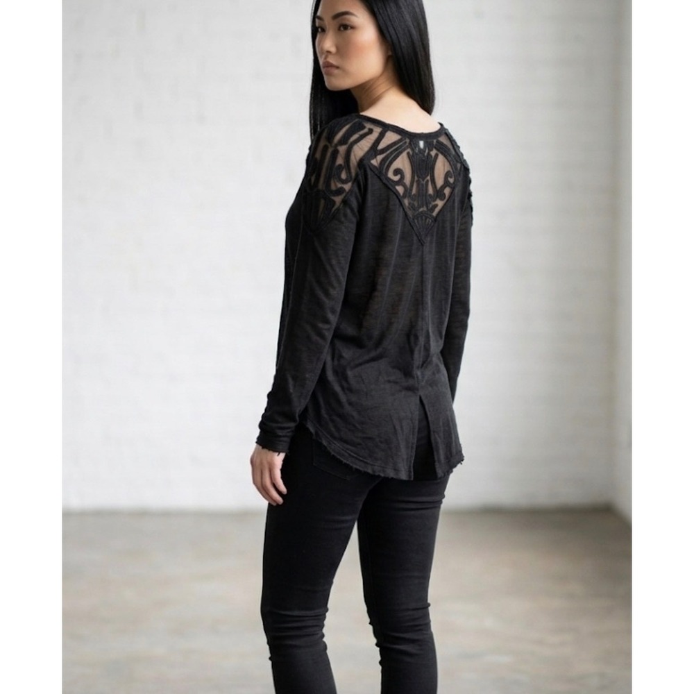 Free People Gatsby Top Medium Black NWT Boho Sheer Mesh Back Embroidery Blouse